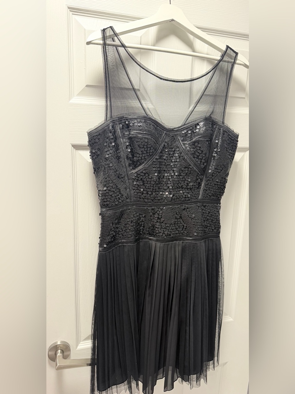 BCBGMaxAzria Black Sequin Strapless Mesh Cocktail Dress